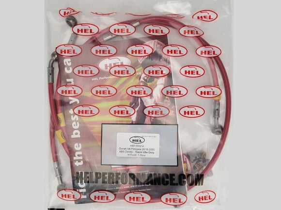HEL PERFORMANCE HBK0914 Ducati V4 Panigale (18/20) Flexible Braided Brake Lines Kit (ABS delete; 'H' layout racing version; red hose with stainless banjos)